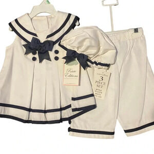 RARE EDITIONS NWT GIRLS SET WHITE BLUE NAVY SUMMER PANTS SHIRT SZ 18 & 24 MONTHS